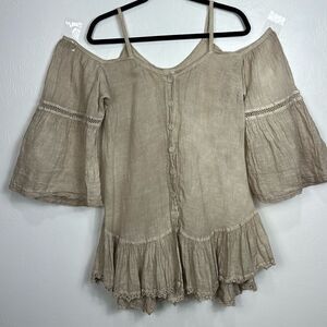 Sunday Tropez Linen Off The Shoulder Boho Blouse Top In Beige One Size